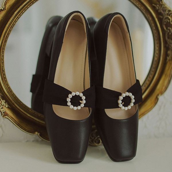 

2021 new women's pumps chuncky heels ladies pu leather pearls shallow shoes waterproof slip on comfort causal footwear woman xafv, Black