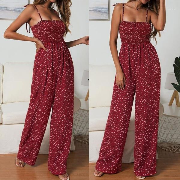 

women polka dot jumpsuit boho yellow spaghetti strap wide leg pants high waist rompers female summer 2020 jumpsuits ladies1, Black;white