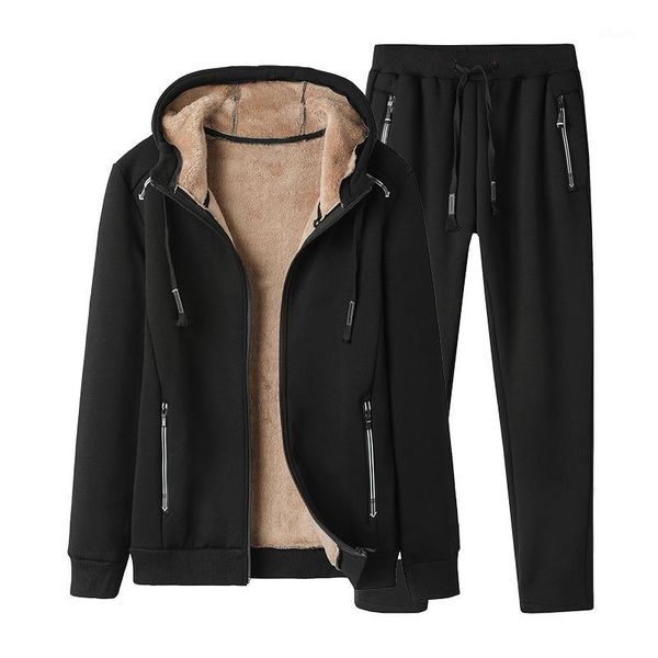 

tracksuit men new winter 2 pieces sets hooded sweatshirt + pants male thick warm slim fit sportswear suit men's plus velvet set1, Gray