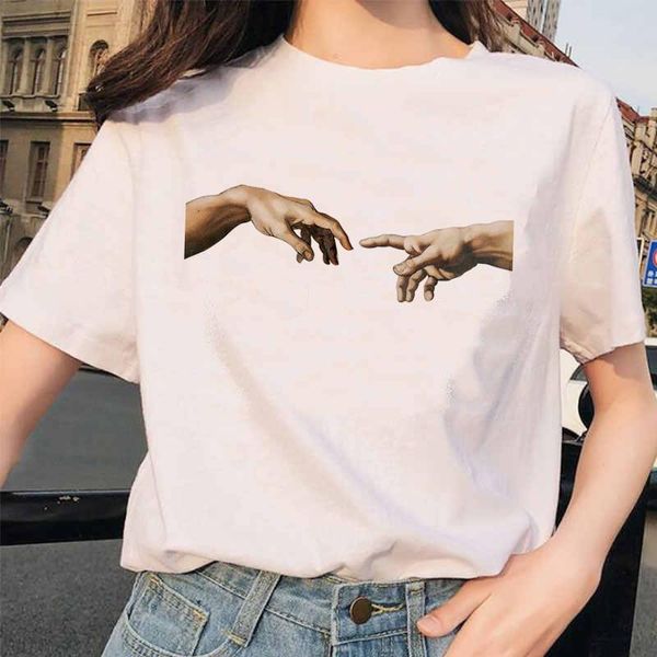 

michelangelo t shirt hands women aesthetic graphic tshirt female aestheticgrunge vintage ulzzang 90s femme harajuku t-shirt, White