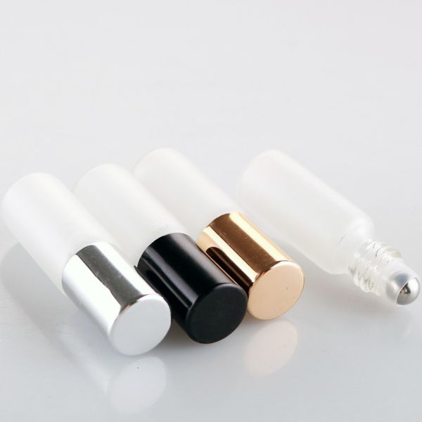 

metal 5ml roll on frosted roller white ball glass perfume roll-on vials essential oil bottle with black/gold/silver cap