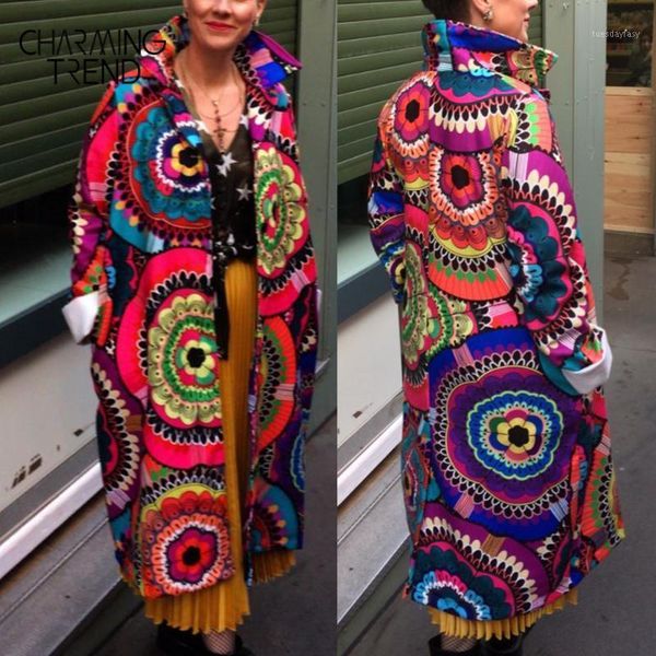 

women's wool & blends women coat flower printed long sleeve 2021 winter spring jacket woolen vintage casual chic ethnic style1, Black
