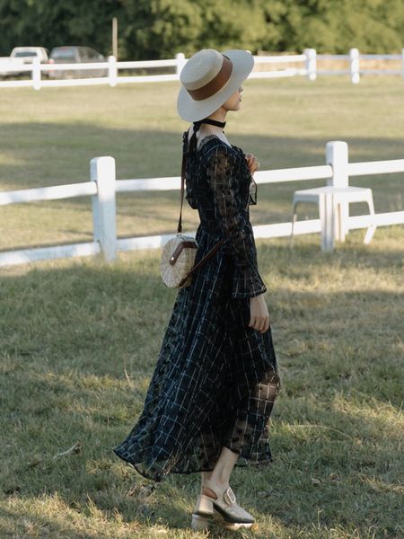 

long black yosimi female 2021 summer mesh dress c2o7, Black;gray