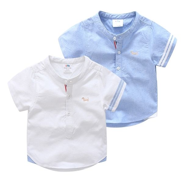 

kids birthday gift clothes summer fashion cotton white blue color cartoon dog print short sleeve mandarin collar boys shirt 220125, White;black