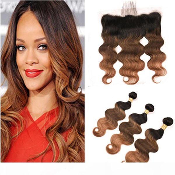 

#1b 4 30 meidum auburn ombre brazilian body wave human hair 3bundles and frontal closure 3tone ombre virgin hair lace frontal with weaves, Black;brown