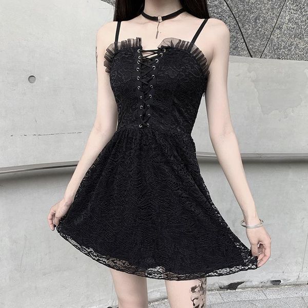 

black punk woman lace bandage dress 2020 lady gothic hollow out ruffles empire backless vestidos mini dresses a-line chic sexy1, Black;gray