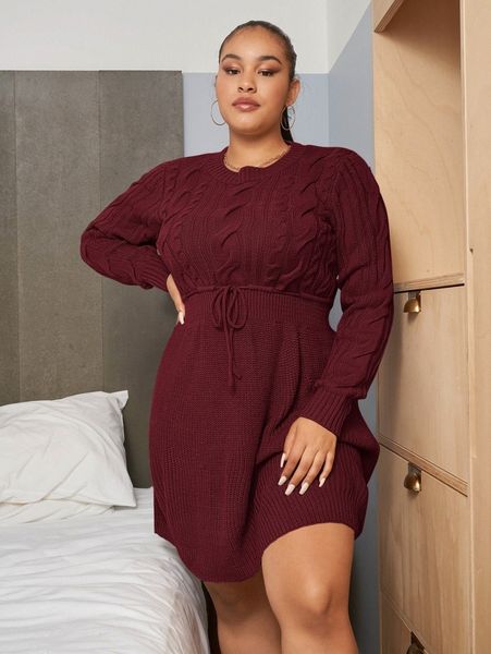 

plus cable knit drawstring waist sweater dress r5rr#, Black