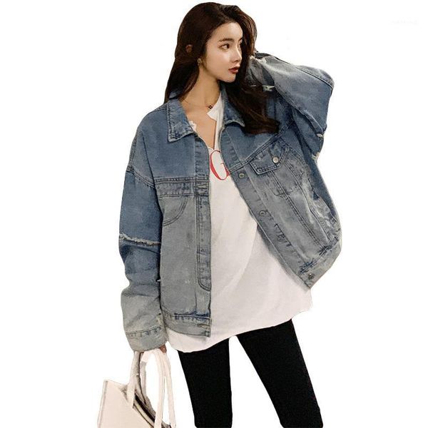 

rlyaeiz 2020 spring casual frayed denim jacket women gradient long sleeve fashion vintage holes jeans jacket women1, Black;brown