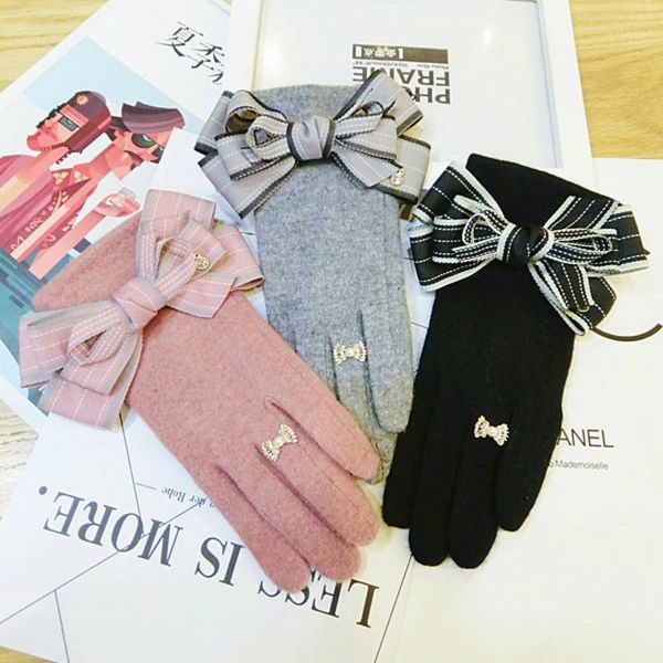 

new korean touch screen gloves cashmere wool bow warm knitted women spring winter gloves pink gray black mittens1, Blue;gray