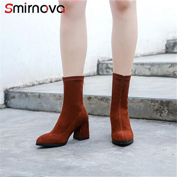 

boots smirnova fashion 2021 casual thick heels ankle autumn winter stretch fabric+suede leather zip woman black1, Black