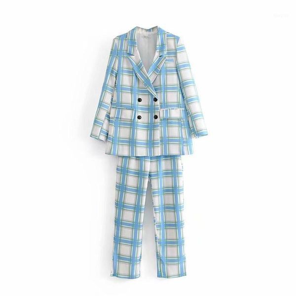 

spring big plaid office lady pant suits women 2020 fashion green and blue double breasted blazers and pant womens 2 piece sets1, White;black