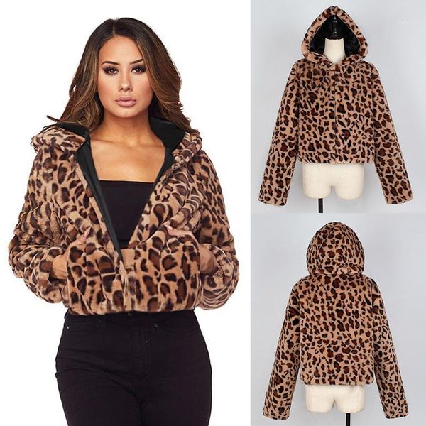 

2018 autumn winter warm soft parka overcoat elegant leopard print faux fur coat women female plush casual outwear coat plus size1, Black