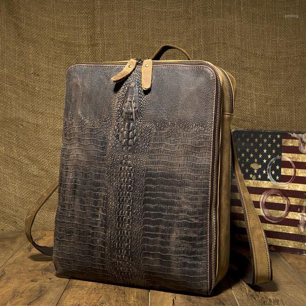 

folgandros men alligator backpack vintage genuine leather messenger shoulder bag cowhide high-grade zipper bag1