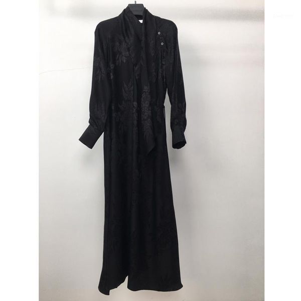 

8.8 women's fashion high end retro dress 2020 new black long sleeve ribbon with belt silk jacquard midi dress1, Black;gray