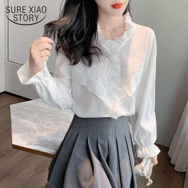 

v-neck white solid lace shirt 2021 autumn hollow chiffon blouse women long sleeve korean style office lady clothing 10901
