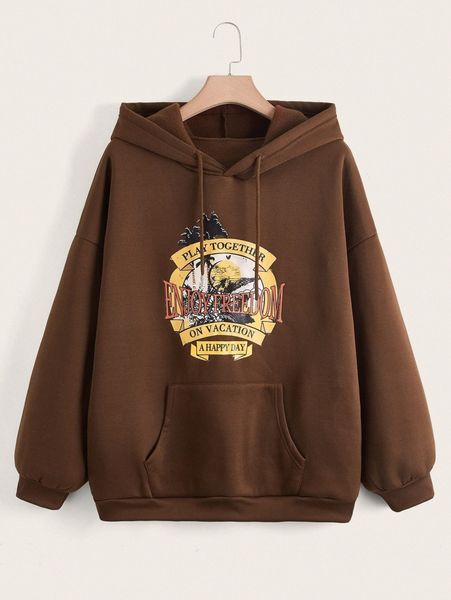 

plus slogan & palm tree print drop shoulder drawstring thermal hoodie v1xu#, Black