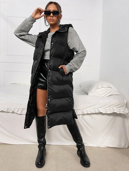 

solid split hem sleeveless hooded puffer coat g673#, Black