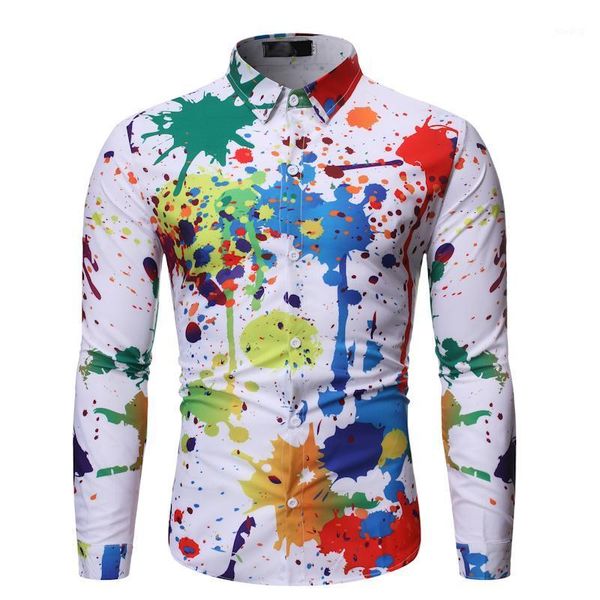 

plus size men shirt casual colour shirt ink splash paint color slim shirts leisure men blouse long sleeve spring male shir1, White;black