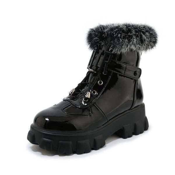 

2020 fashion new arrive pu leather women boots comfortable flat heel black with fur winter ankle boots black white