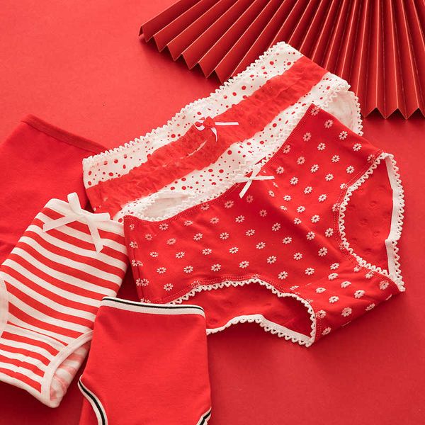 

women's red fashion printed bow mid-waist cotton lotus leaf panties, ladies panties, Black;pink