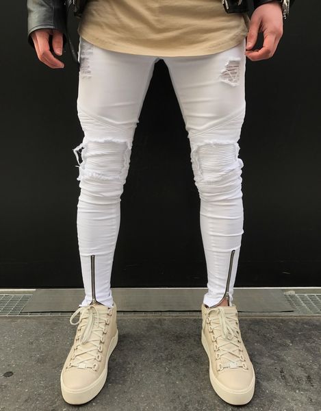 

neverfunction famous brand designer skinny ripped jeans men hip hop mens white denim joggers knee holes washed destroyed jeans c1123, Blue