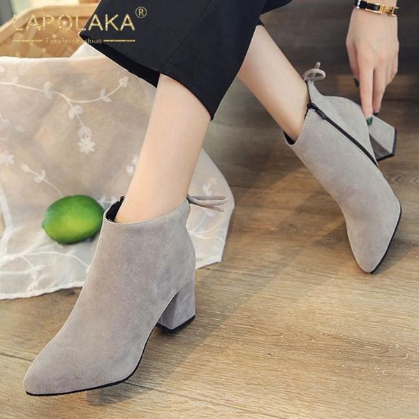 

boots lapolaka 2021 arrivals big size 43 thick heels concise fashion woman shoes zip up spring autumn ankle female, Black