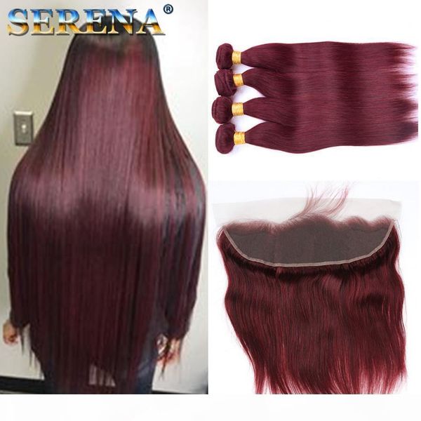 

burgundy wine red 99j brazilian virgin hair weave bundles with 13x4 frontal closure peruvian straight with baby human hair extension, Black;brown