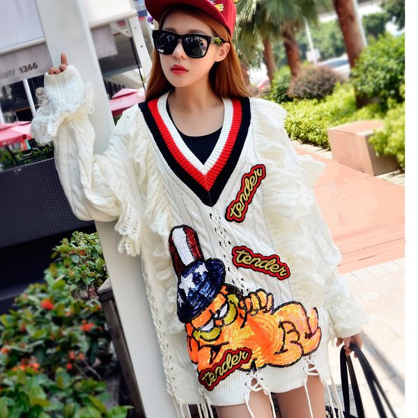 

thai tide scores ladies in v-sweater cleavage 2019 autumn new cute cat sequins sweet lace nightgown long, White;black
