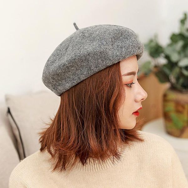 

wool beret hats women winter french hat girls solid color fashion autumn winter beret hat for women flat cap felt berets, Blue;gray