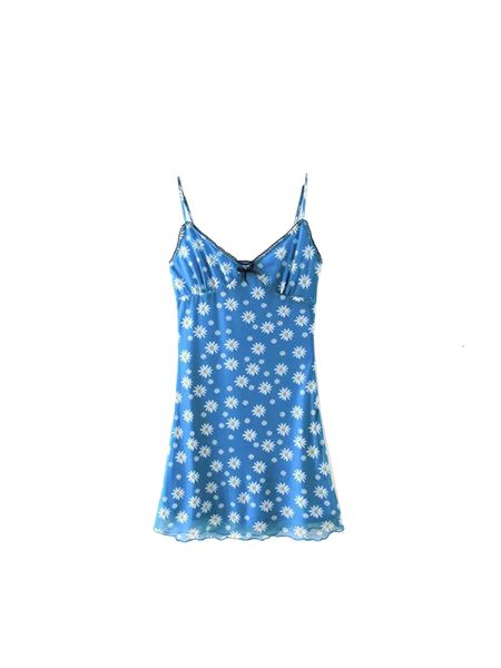 

2021 summer new pattern of blue sunflower mesh high street spaghetti sash v-neck elastic mini dress h15r, Black;gray