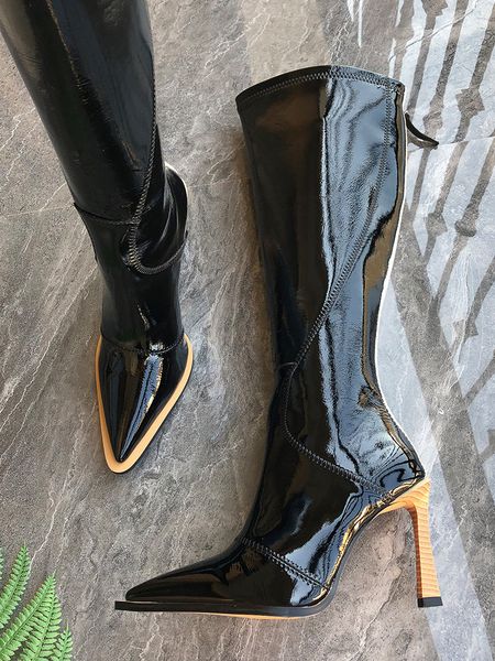 

fashion of woman's wood grain strange black gray heels knee leather pointed to track woman boots return stripe zip boot odh1