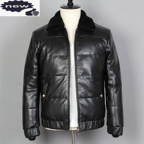 

men's leather & faux 2021 fur genuine down jacket men sheepskin slim fit male turn-down collar short real winter coat, Black