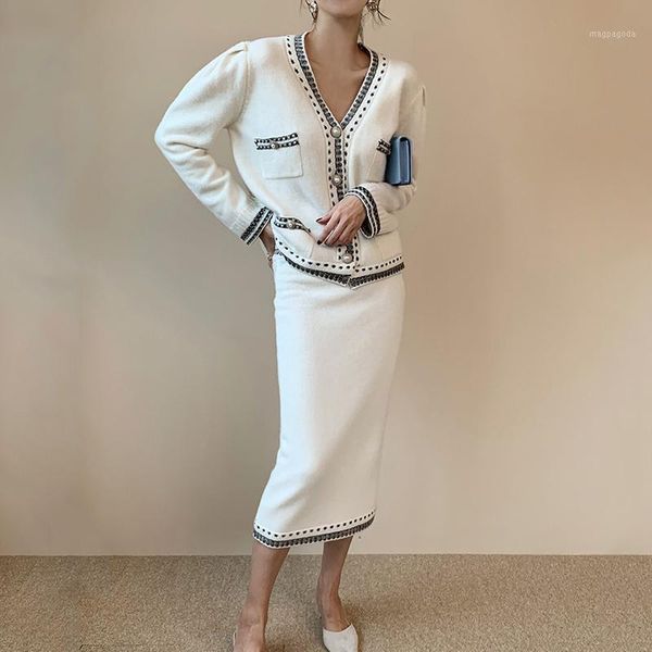 

2020 new women's suit spring autumn fashion women knit coat +long package hip skirt suit 2 pieces sets1, Gray