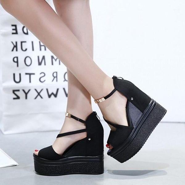 

roman shoes female 12cm wedge with high-heeled sandals muffin thick-bottomed fish mouth increased women's shoes fashion sweet1, Black