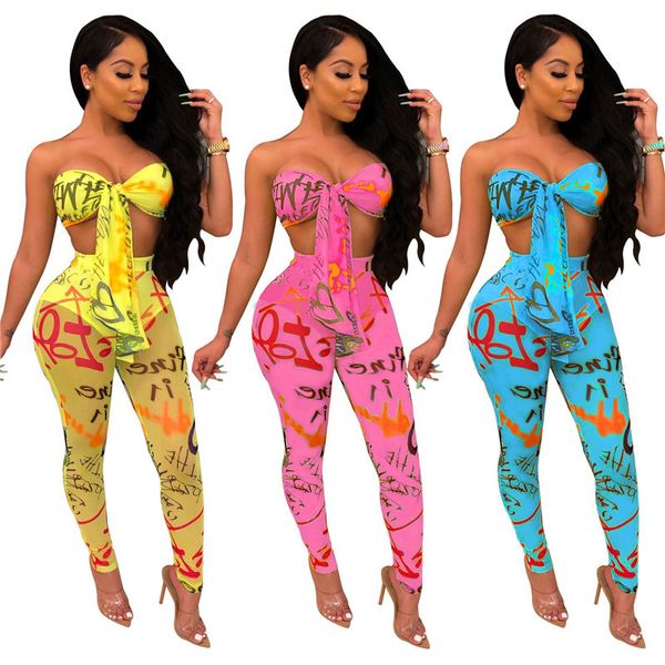 Mulheres Outfit Sexy Navalo Tube Top Graffiti Impresso Malha Peça Terno 2020 Mulheres Moda 2 Peças Calças Set Plus Size