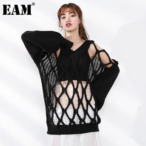

eam] hollow out big size knitting sweater loose round neck long sleeve women pullovers new fashion autumn winter 2020 1dc786011, White;black