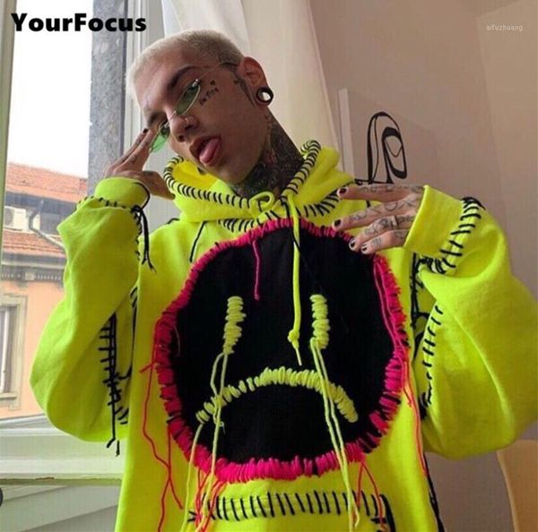 

harajuku hip hop kpop gothic streetwear oversize hoodie handmade tassels sad face embroidery fluorescent green hoodies women men1, Black