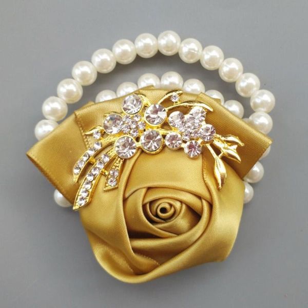 

decorative flowers & wreaths handmade simulation golden wrist flower groom bride boutonniere jeweled crystal bling corsage 001-g