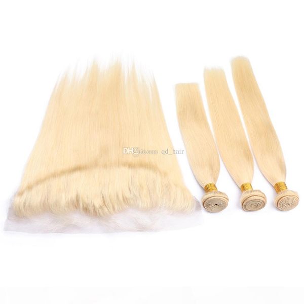 

blonde #613 silky straight hair weaves with lace frontal 13x4 malaysian straight human hair 3bundles with ear to ear lace frontal closure, Black