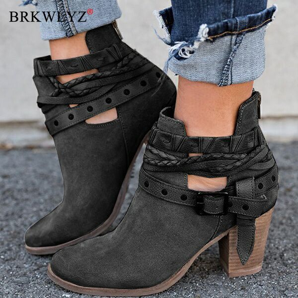 

women boots fashion casual ladies shoes boots suede leather buckle boots high heeled zipper snow shoes for femme, Black