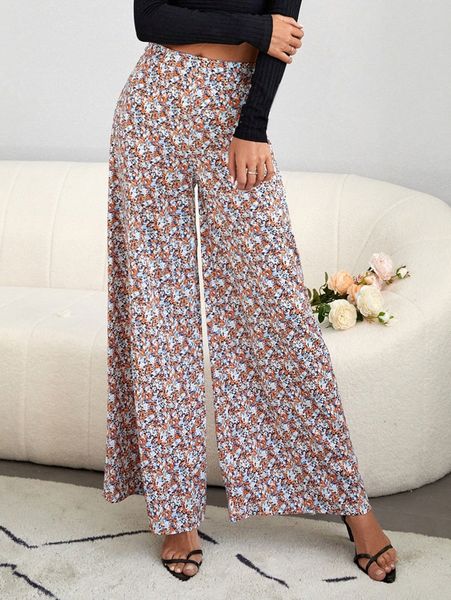 

ditsy floral print wide leg pants o1k6#, Black;white