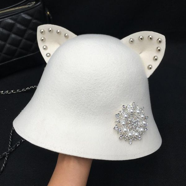 

wide brim hats during the spring and autumn winter white bucket with ears for women fisherman hat fashion lady, Blue;gray