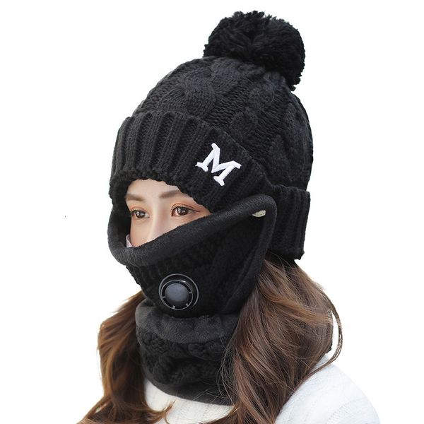 

winter cycling hat women 3 piece set warm wool beanies skullies hats with mask collar bib female velvet thick anti-smog knit caps, Blue;gray