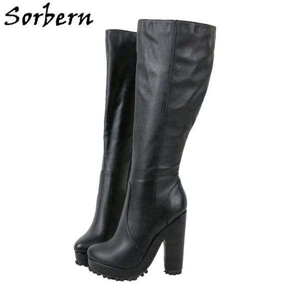 

sorbern black women boots knee high block heels rubber sole winter style boots platform chunky high heels custom legs