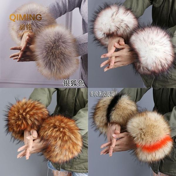

women luxury thicken winter warm wrist arms gloves faux fur bracelet cuff wristband plush elastic oversleeve arm scarf, Blue;gray