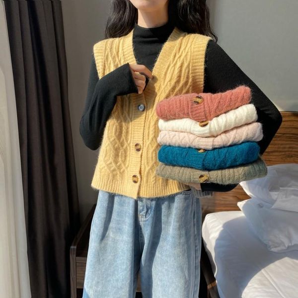

women's knits & tees female vest 2021 autumn twist chic v-neck women sweater cardigan solid color ins vests, White