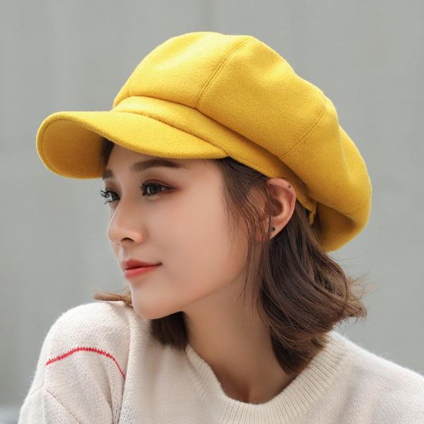 

literary solid color ins beret female autumn and winter korean japanese joker british retro wool painter octagonal hat, Blue;gray