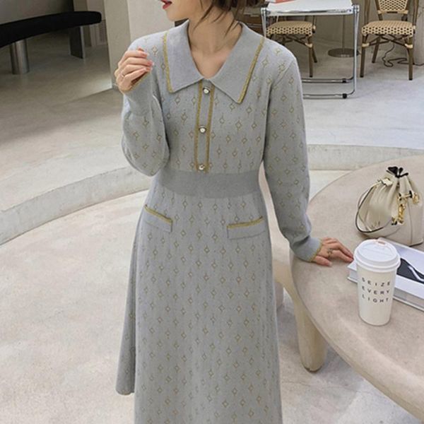 

korean version japanese dress autumn winter trendy popular thick thin elastic sellers high waist lapel long sleeve dress, Black;gray