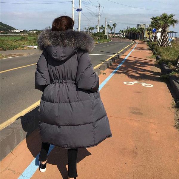 

fnoce women's down jackets 2020 winter natural raccoon fur collar fashion elegant solid long sleeve hooded thickened warm coats, Black