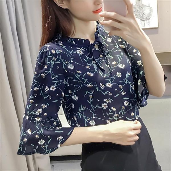 

2021 new summer spring blouse women floral print shirts elegant three quarter flare sleeves chiffon blusas femininas, White